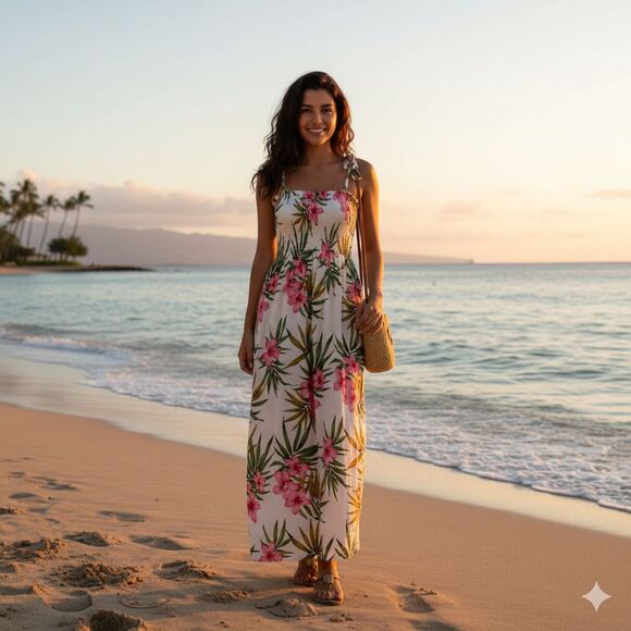 Aloha Moi Hawaii Maxi Dress One Size White Pink Floral Smocked Spaghetti Strap - Picture 1 of 7